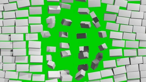 Wall of white blocks bricks explodes and open to the green screen Stock Footage 246789926