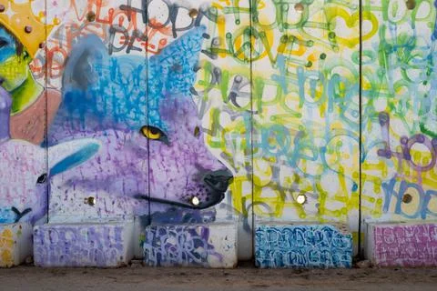 Wall with a white wolf and lamb artwork - Graffiti art wall at the border of Isr Stock Illustration