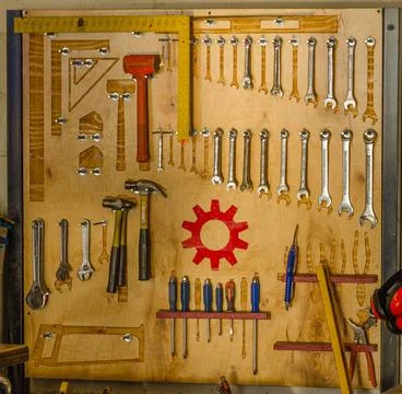 Wall of a workshop with constructing tools 스톡 사진
