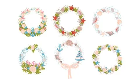 Wall Wreaths with Nautical Theme with Shells and Starfish Vector Set Illustrazione stock