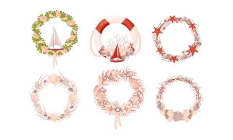 Wall Wreaths with Nautical Theme with Shells and Starfish Vector Set Stock Illustration