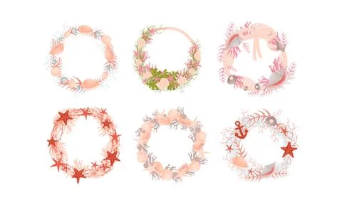 Wall Wreaths with Nautical Theme with Shells and Starfish Vector Set Illustrazione stock