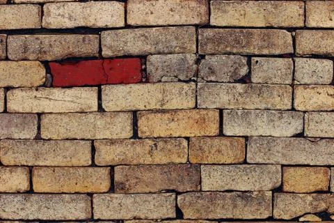 Wall of yellow bricks, one unique red. Texture, wallpaper background. Stock Photos
