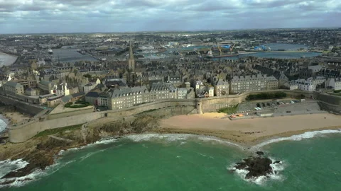 Walled city of Saint-Malo. View of the fortress from above Stock Footage 228698317