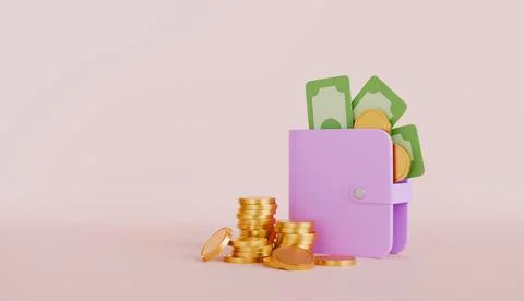 Wallet and coins stack, money saving and online payment, business finance 库存照片