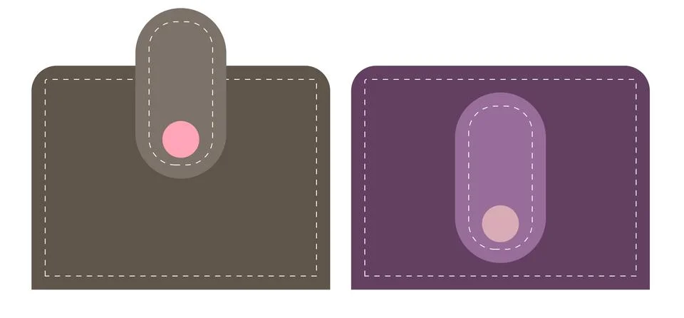 Wallet and Purse Vector Set With Snap Closure in Brown and Purple, Stitched.. Stock Illustration