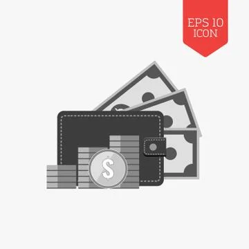 Wallet and stack of coins icon, money concept. Flat design gray color symbol. Stock Illustration