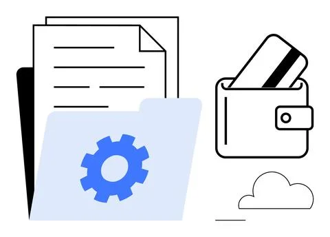 Wallet carrying a credit card, stack of documents, folder with a gear icon, a 스톡 일러스트