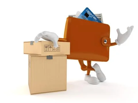 Wallet character with stack of boxes 스톡 일러스트