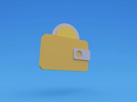 Wallet concept floating with shadow and coin icon, on a  blue background. 3d Stock Illustration