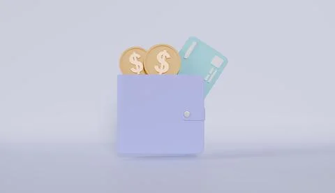 Wallet with debit card, Money saving online payments concept 3d illustration Stock Illustration