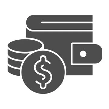 Wallet with dollar coins stack solid icon. Wealth savings, purse and cash symbol 스톡 일러스트
