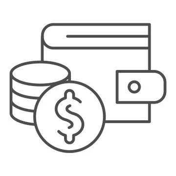 Wallet with dollar coins stack thin line icon. Wealth savings, purse and cash 스톡 일러스트