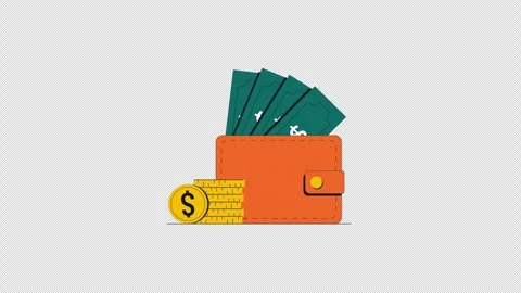 Wallet with Dollar Notes and Gold Coin. Finance Animation Video - Transparent Stock Footage 324548889