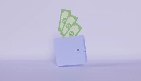 Wallet with falling Cash Money saving online payments concept 3d illustration Stock Illustration