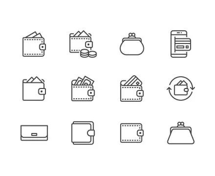 Wallet flat line icons set. Purse with money, coins, credit card, cashback Illustrazione stock
