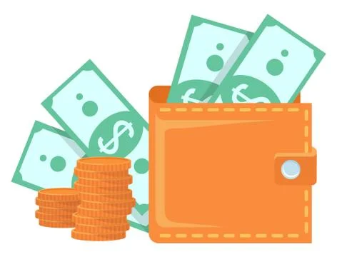 Wallet Full of Money, Stack of Gold Coins Vector Stock Illustration