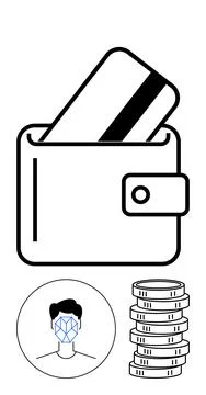 Wallet with inserted card, facial recognition icon, and coin stack. Ideal for Stock Illustration