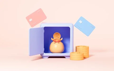 Wallet in the opening safe box and bank cards, 3d rendering. Stockillustratie