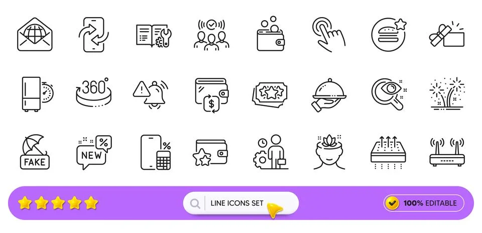Wallet, Web mail and 360 degrees line icons for web app. Pictogram icon. Line Illustrazione stock