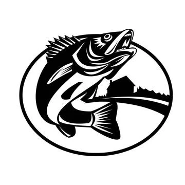 Walleye Fish Jumping Up With Lake Cabin Oval Retro Black and White Illustr... Stock Photos