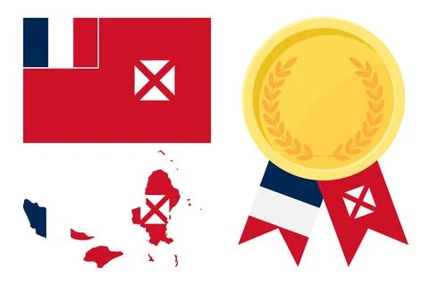 Wallis and Futuna flag with map and gold medal in set for web and banners o.. Stock Illustration