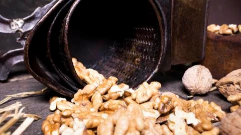 Wallnuts and hand walnuts grinder Stock Photos