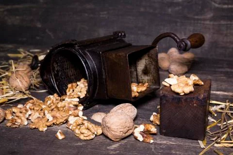 Wallnuts and hand walnuts grinder Stock Photos