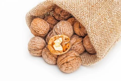 Wallnuts in a sack Stock Photos