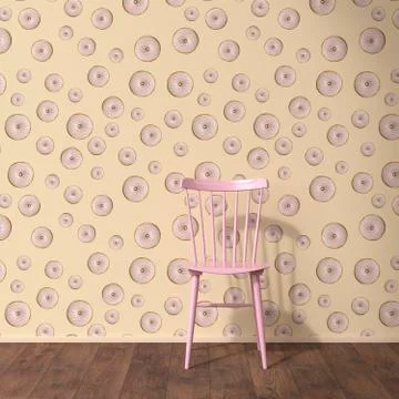 Wallpaper with doughnut pattern, single chair and wooden floor, 3D Rendering Stock Illustration