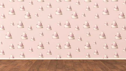 Wallpaper with fancy cake pattern and wooden floor, 3D Rendering Stock Illustration