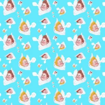 Wallpaper gift wrap seamless pattern blowing angel background blue cutout Stock Illustration