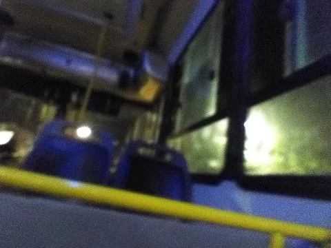 Wallpaper of the interior of a bus with different elements in a backyard in d Fotos Stock