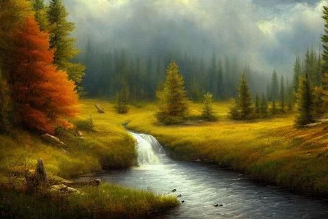 Wallpaper with a mountain view and pine trees and a flowing lake Stock Illustration