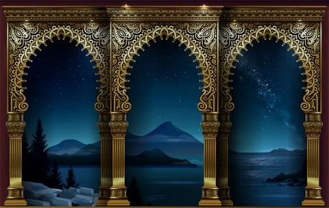 Wallpaper night arcade of the eastern palace Stock Illustration
