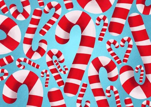 Wallpaper pattern of sweet sticks candy canes over vibrant blue background. Illustrazione stock