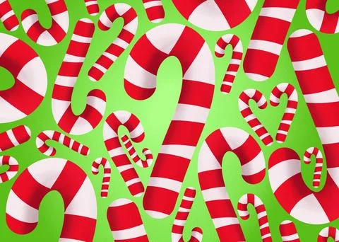 Wallpaper pattern of sweet sticks candy canes over vibrant green background. Stock Illustration