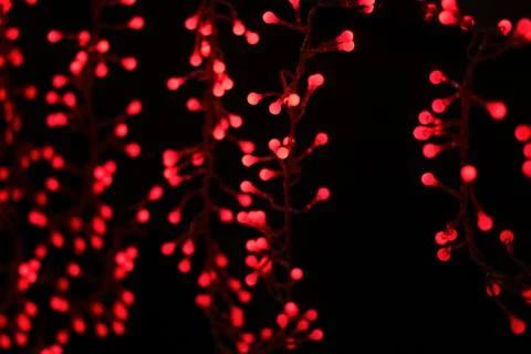 Wallpaper patterned with round shaped red lights bokeh on black background Stock Photos