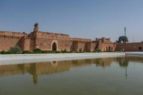 Wall's reflection in pool of El Badi Palace or Palais El Badii in Marrakech.. Stock Photos