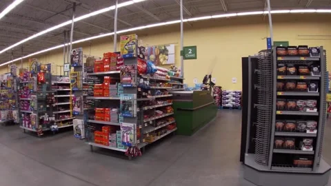Walmart grocery retail store interior pan check stand candy Stock Footage 181379928