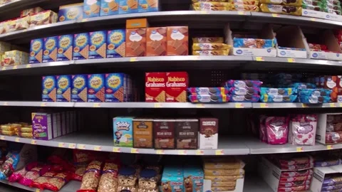 Walmart grocery retail store interior pan cookie aisle Stock Footage 181380644