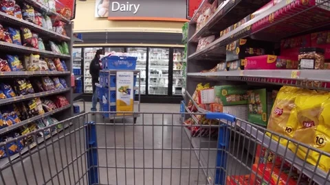 Walmart grocery retail store interior worker wearing face mask shopping onlin Stock Footage 181381305
