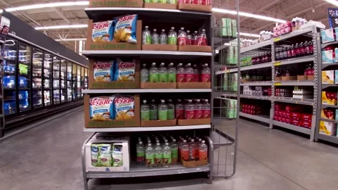 Walmart grocery retail store interior Pan to people working and shopping Stock Footage 181381773