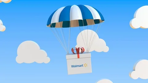 WALMART logo on moving box moves under parachute. Editorial loopable 3D Stock Footage 122880095