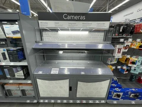Walmart retail store 2025 electronics department empty camera front case di.. Stock Photos