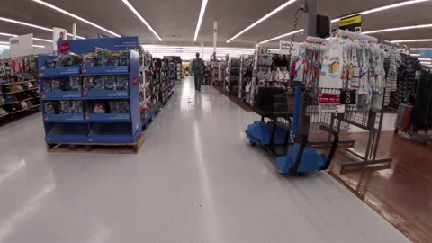 Walmart retail superstore interior back main aisle walkway Stock Footage 158323902