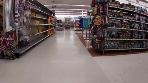 Walmart retail superstore interior empty back to school shelves Stock Footage 158323865