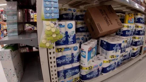 Walmart retail superstore interior empty boxs in paper goods section Stock Photos