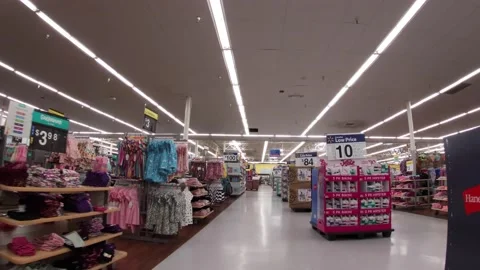 Walmart super center interior clothes and displays with price signs Stock Footage 157700496