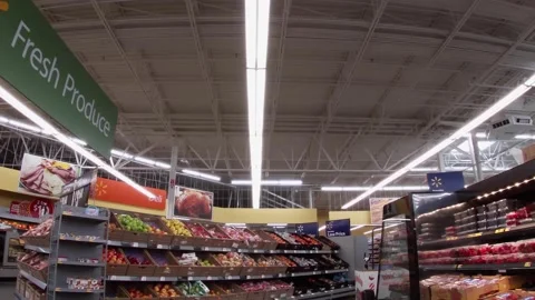 Walmart super center interior Going through produce department Stock Footage 157659928